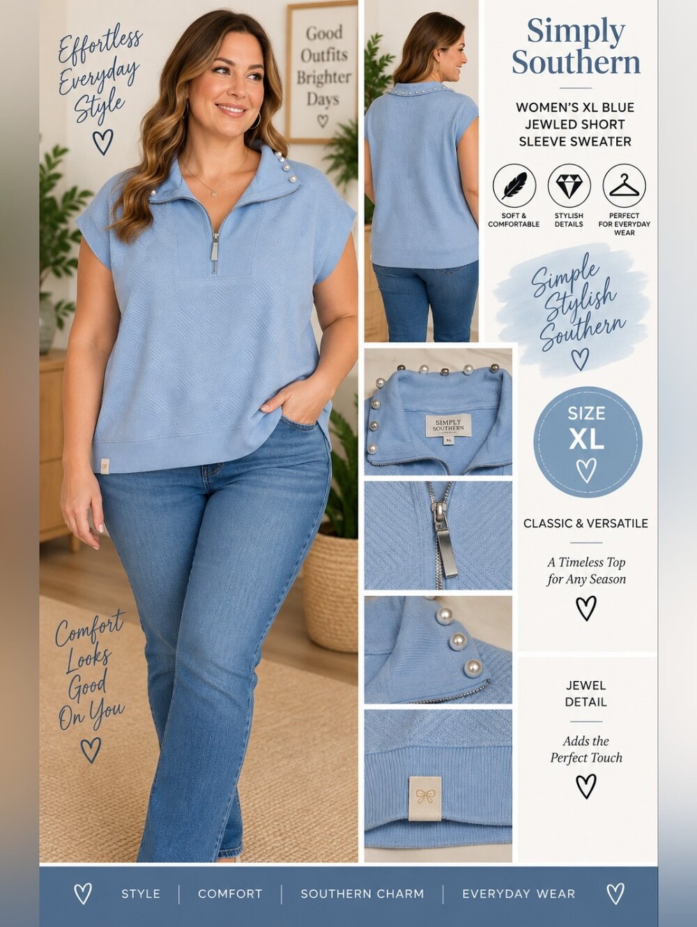 Simply southern Women's XL blue jewled short sleeve sweater #30